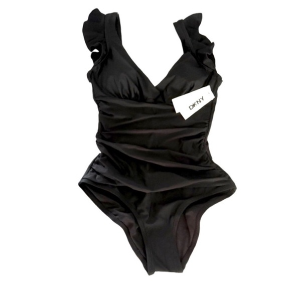 NEW DKNY One Piece Swimsuit Ruffle Straps Tummy Control Low Back Black Size S - Picture 4 of 16